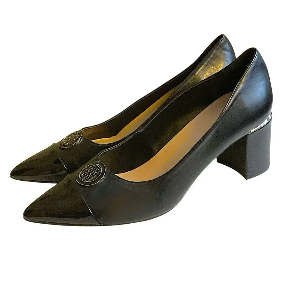 Tommy Hilfiger Women's Neysa Black Patent Toe Metal‎ Medallion Block Heels 9.5M